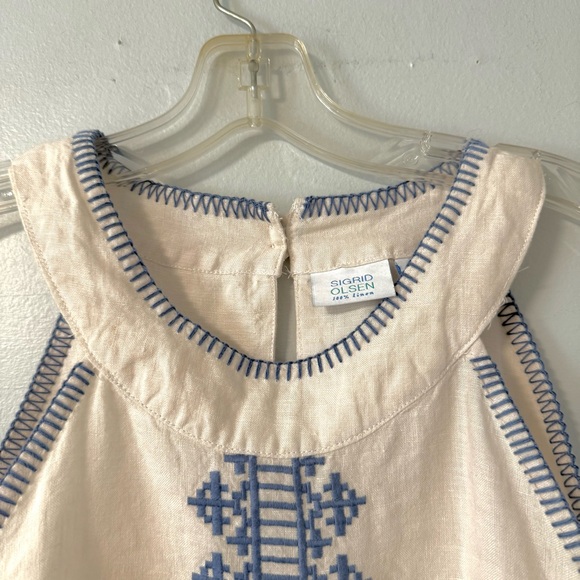 Sigrid Olsen Women's Halter  Dress 100% Linen Embroidered Crocheted M ivory Blue - Picture 2 of 12